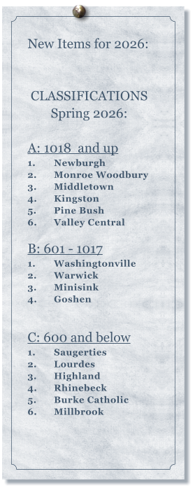 New Items for 2026:    CLASSIFICATIONS Spring 2026:  A: 1018  and up 1.	Newburgh 2.	Monroe Woodbury 3.	Middletown 4.	Kingston 5.	Pine Bush 6.	Valley Central  B: 601 - 1017 1.	Washingtonville 2.	Warwick 3.	Minisink 4.	Goshen    C: 600 and below 1.	Saugerties 2.	Lourdes  3.	Highland 4.	Rhinebeck 5.	Burke Catholic 6.	Millbrook